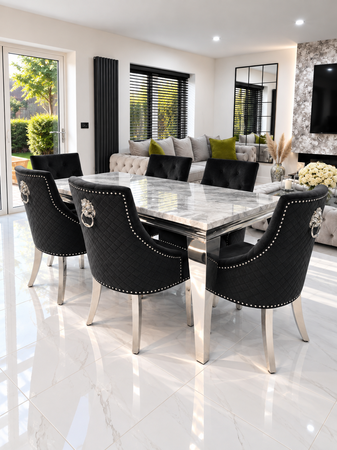 Louis Trafalgar Marble Dining Set – 8 Black Lion Head Knockerback Chairs Wide Lifestyle View | Starlight Distribution

