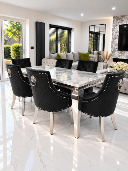 Louis Trafalgar Marble Dining Set – 8 Black Lion Head Knockerback Chairs Wide Lifestyle View | Starlight Distribution

