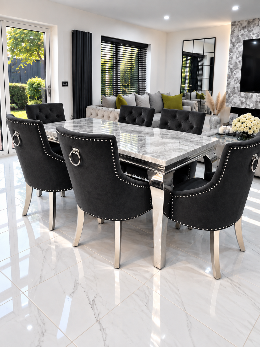 Louis Trafalgar Marble Dining Set – 6 Black Velvet Bull Ring Chairs Wide Lifestyle Shot | Starlight Distribution