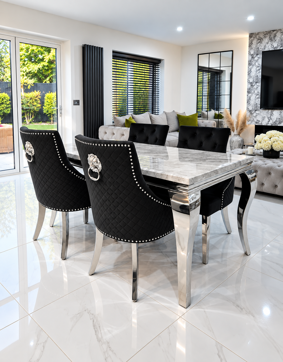 Louis Trafalgar Marble Dining Set – 4 Black Lion Head Knockerback Chairs Wide Lifestyle View | Starlight Distribution