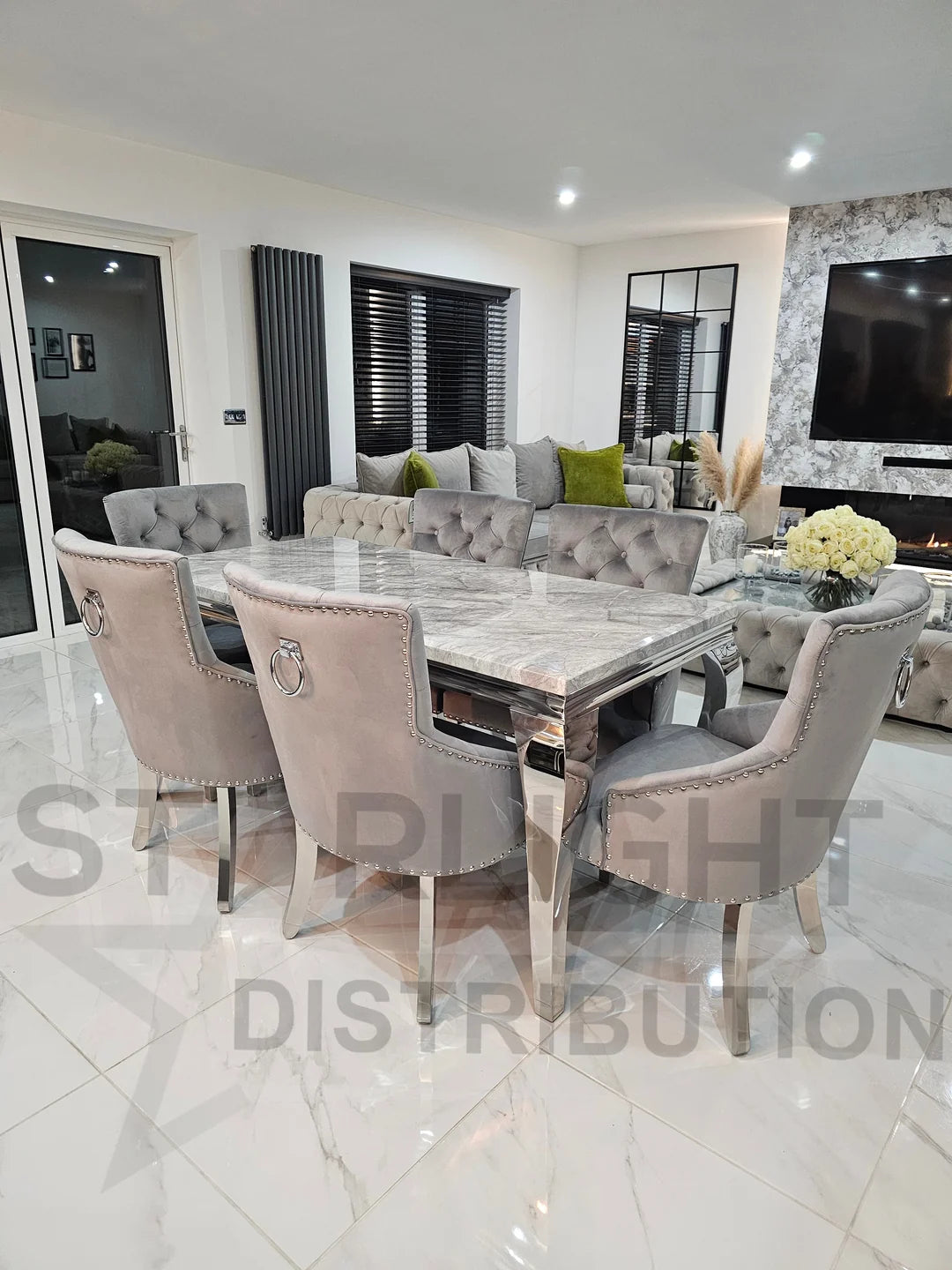 Trafalgar Rectangle Marble Dining Table Set With Bull Ring Knockerback Chairs – Lifestyle Perspective View in Modern Setting