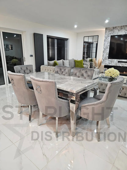 Trafalgar Rectangle Marble Dining Table Set With Bull Ring Knockerback Chairs – Lifestyle Perspective View in Modern Setting