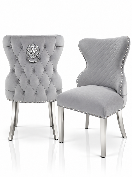 Set of 2 Grey Velvet Chelsea Lion Head Knockerback Chairs – Front and Rear View With Silver Chrome Lion Head Detail