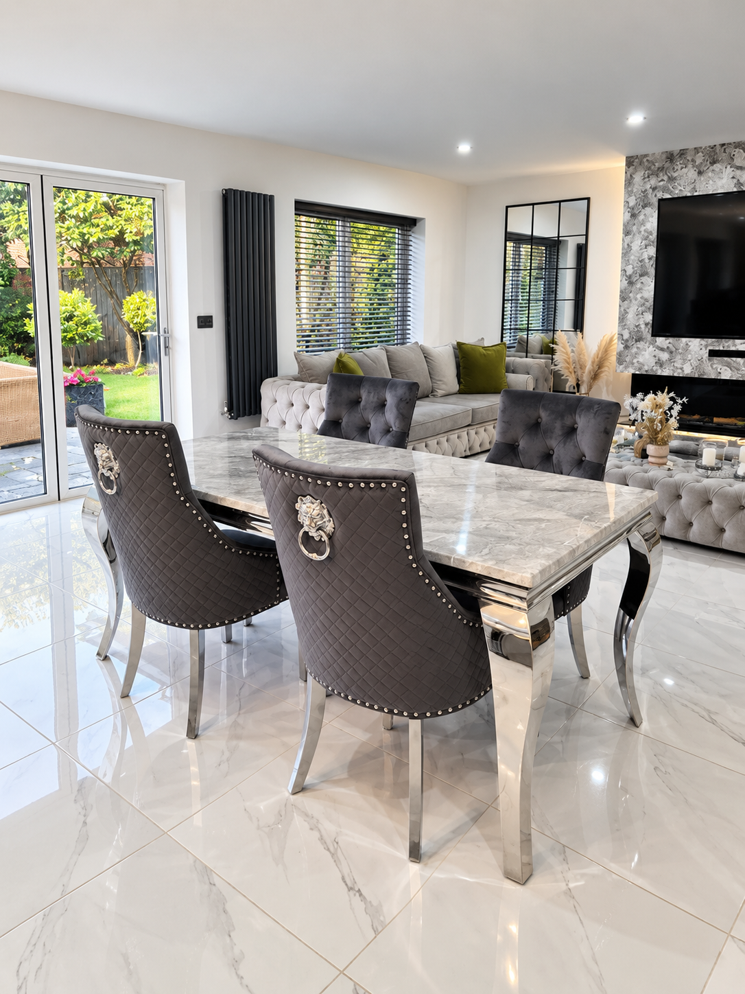 Louis Trafalgar Marble Dining Set – 4 Dark Grey Lion Head Knockerback Chairs Wide Lifestyle View | Starlight Distribution