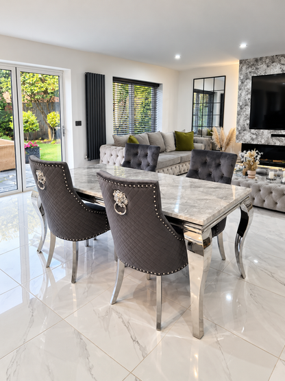 Louis Trafalgar Marble Dining Set – 4 Dark Grey Lion Head Knockerback Chairs Wide Lifestyle View | Starlight Distribution
