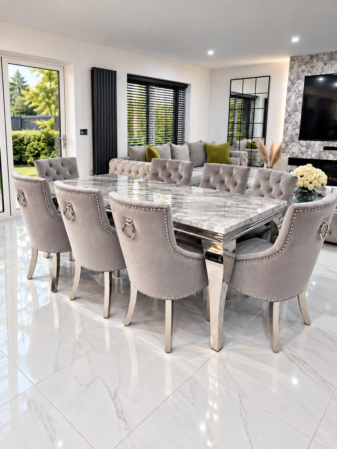 Louis Trafalgar Marble Dining Set – 8 Light Grey Velvet Bull Ring Chairs Wide Lifestyle Shot | Starlight Distribution