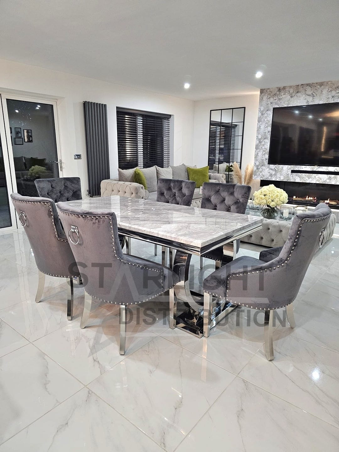 Arianna Rectangle Marble Dining Table Set With Bull Ring Knockerback Chairs