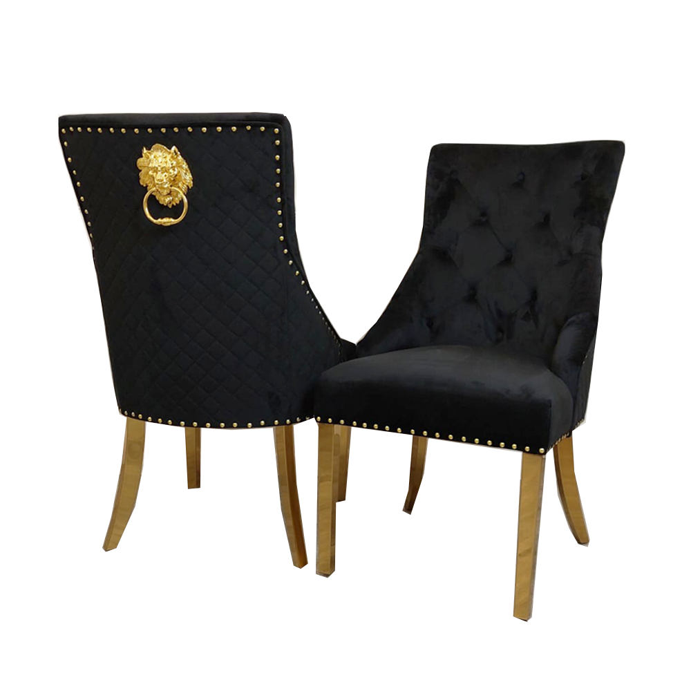 Set of 2 French Velvet Lion Head KnockerBack Chairs Gold