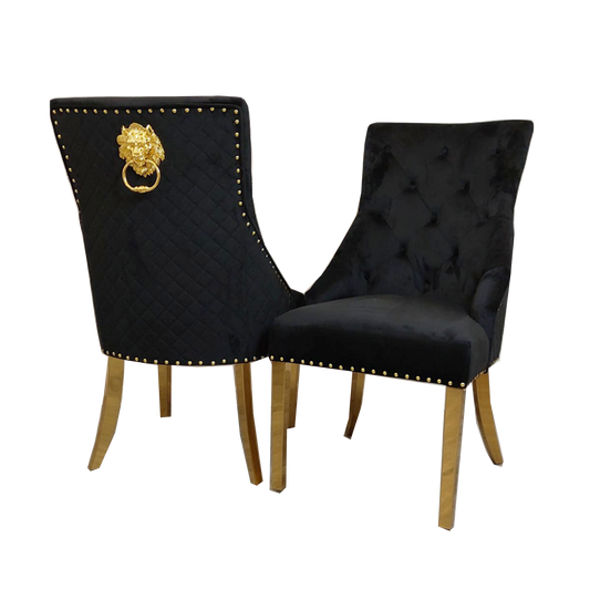 Set of 2 French Velvet Lion Head KnockerBack Chairs Gold
