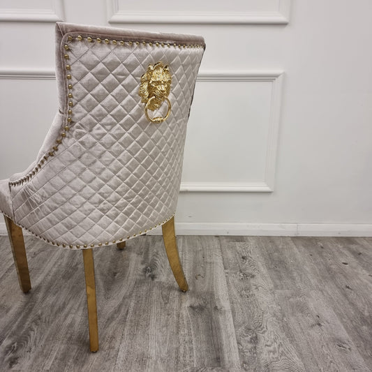 Set of 2 French Velvet Lion Head KnockerBack Chairs Gold – Close Up Chair Fabric & Leg Detail