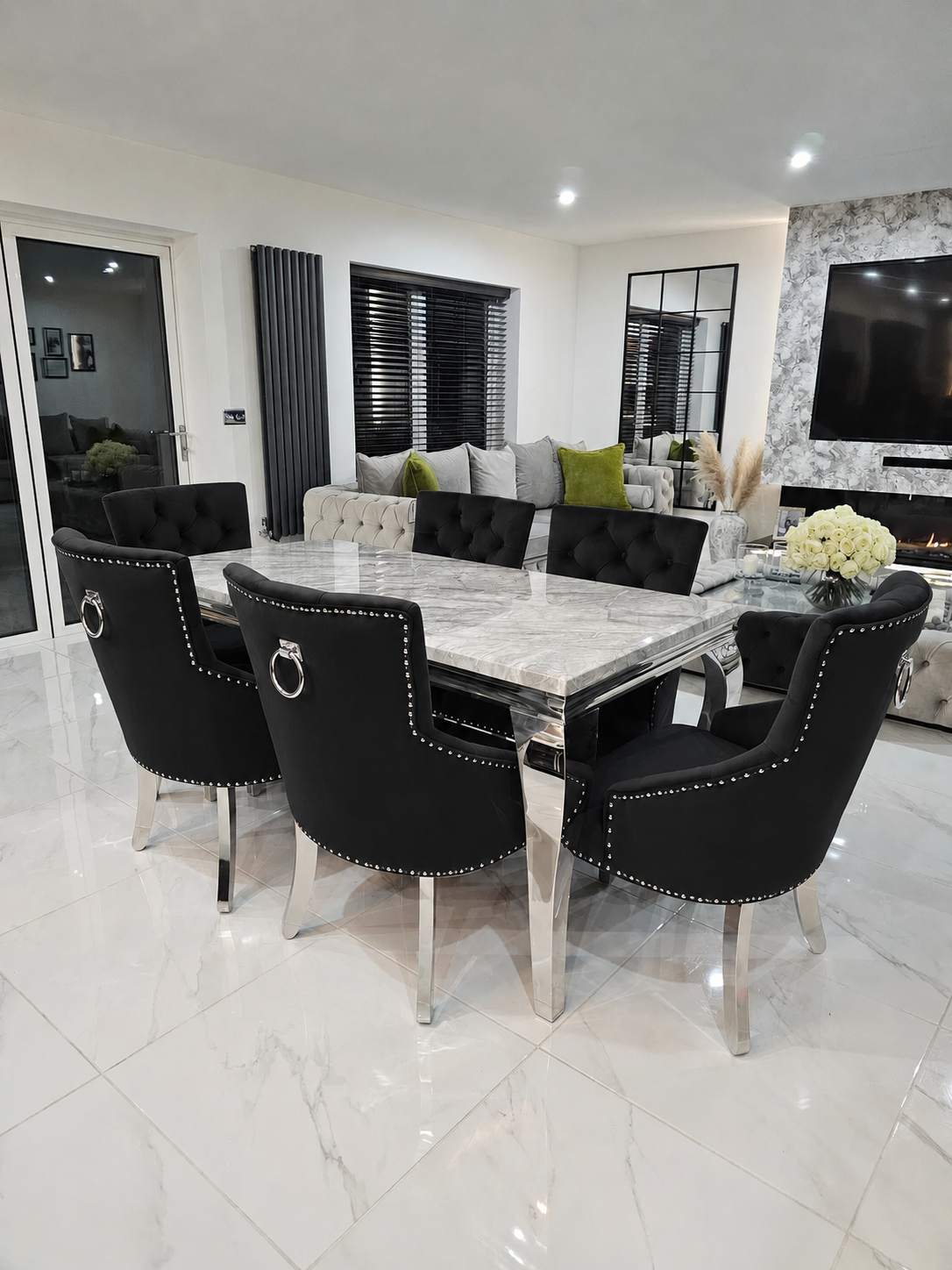 Trafalgar Rectangle Marble Dining Table Set With Bull Ring Knockerback Chairs