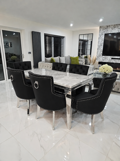 Trafalgar Rectangle Marble Dining Table Set With Bull Ring Knockerback Chairs