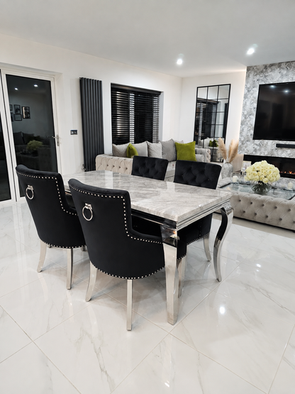 Trafalgar Rectangle Marble Dining Table Set With Bull Ring Knockerback Chairs