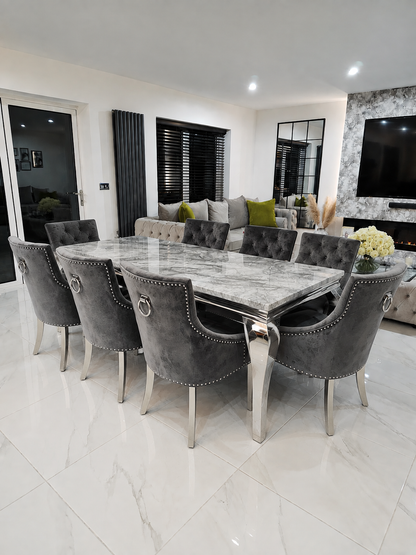 Trafalgar Rectangle Marble Dining Table Set With Bull Ring Knockerback Chairs