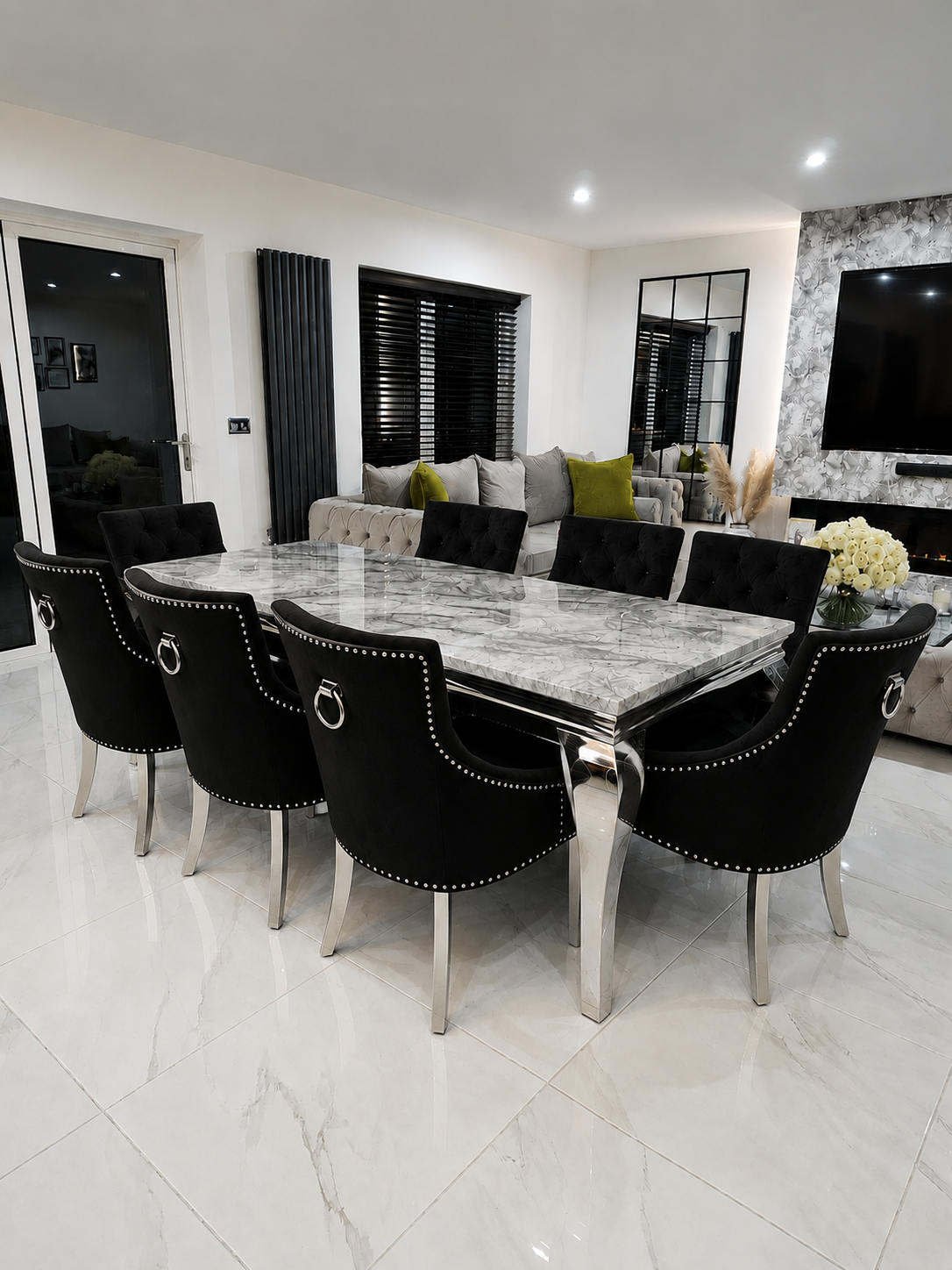 Trafalgar Rectangle Marble Dining Table Set With Bull Ring Knockerback Chairs