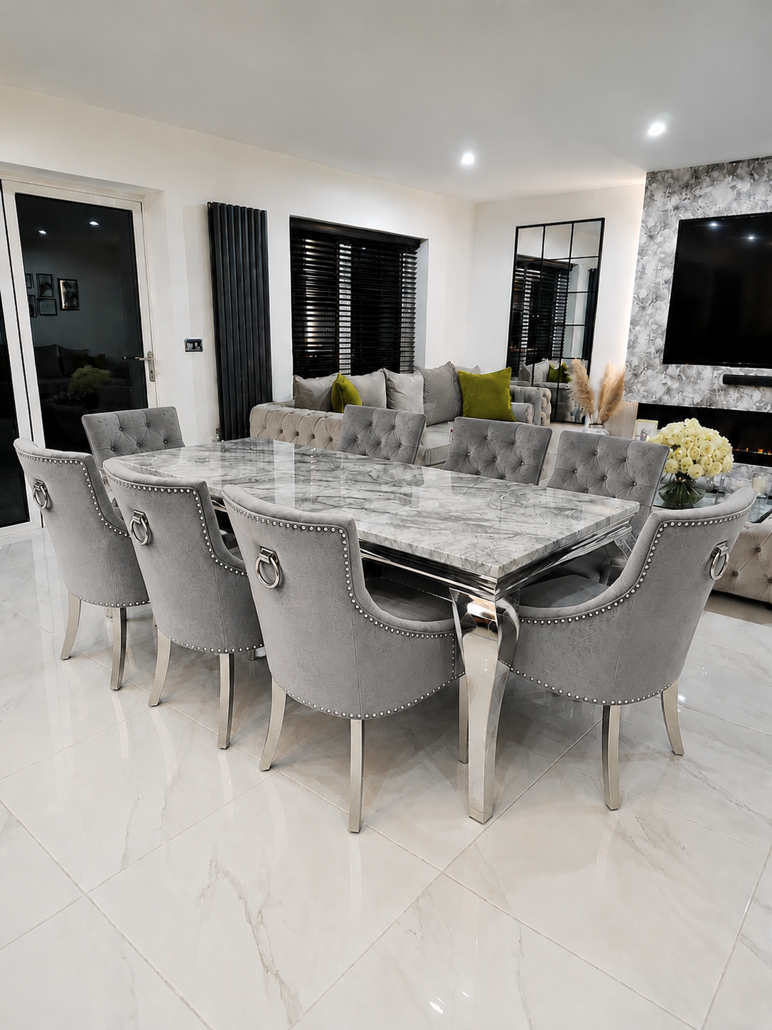 Trafalgar Rectangle Marble Dining Table Set With Bull Ring Knockerback Chairs