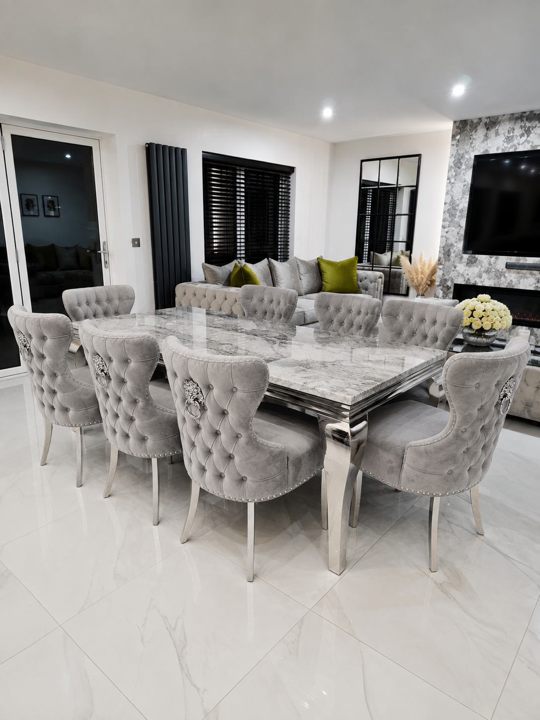 Trafalgar Rectangle Marble Dining Table Set With Chelsea Knockerback Chairs