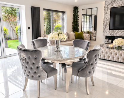 Alexander Louis Marble Round Dining Set – Lifestyle Room View, Light Grey Chelsea Chairs | Starlight Distribution