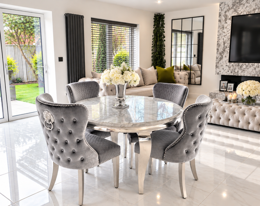 Alexander Louis Marble Round Dining Set – Lifestyle Room View, Light Grey Chelsea Chairs | Starlight Distribution