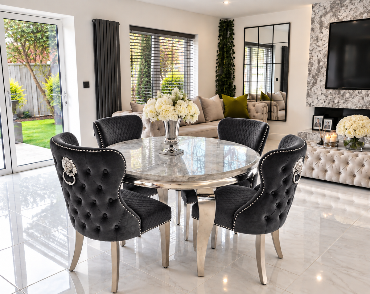 Alexander Louis Marble Round Dining Set – Lifestyle Room View, Black Chelsea Chairs | Starlight Distribution