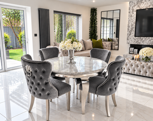 Alexander Louis Marble Round Dining Set – Front Angle, Light Grey Chelsea Velvet Chairs | Starlight Distribution
