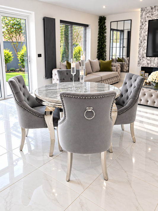 Alexander Louis Marble Round Dining Set – Lifestyle View, Light Grey Bull Ring Knockerback Chairs | Starlight Distribution
