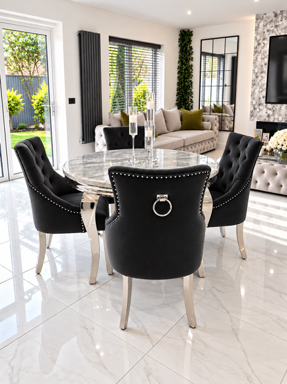 Alexander Louis Marble Round Dining Set – Lifestyle View, Black Bull Ring Knockerback Chairs | Starlight Distribution
