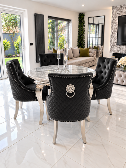 Alexander Louis Marble Round Dining Set – Lifestyle View, Black Lion Head Knockerback Chairs | Starlight Distribution
