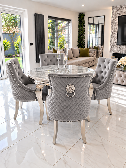 Alexander Louis Marble Round Dining Set – Lifestyle View, Light Grey Lion Head Knockerback Chairs | Starlight Distribution
