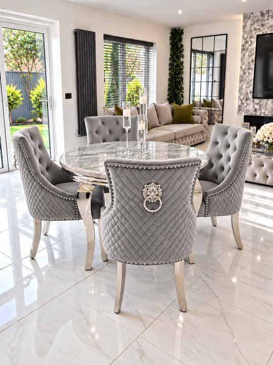 Alexander Louis Marble Round Dining Set – Lifestyle View, Light Grey Lion Head Knockerback Chairs | Starlight Distribution
