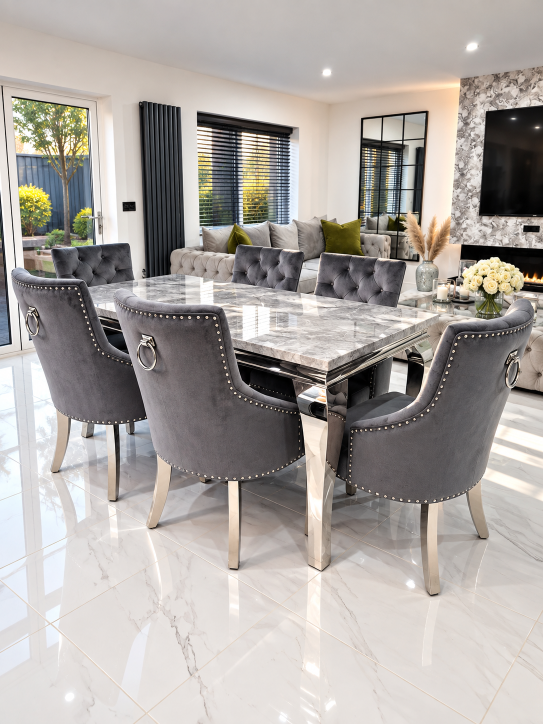 Louis Trafalgar Marble Dining Set – AI Render Close Up Bull Ring Chair & Marble Top Detail | Starlight Distribution