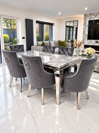 Louis Trafalgar Marble Dining Set – AI Render Close Up Bull Ring Chair & Marble Top Detail | Starlight Distribution