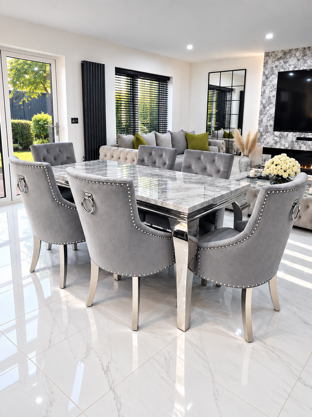 Louis Trafalgar Marble Dining Set – 6 Grey Velvet Bull Ring Chairs Lifestyle View in Modern Open Plan Space | Starlight Distribution