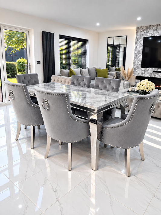 Louis Trafalgar Marble Dining Set – 6 Grey Velvet Bull Ring Chairs Lifestyle View in Modern Open Plan Space | Starlight Distribution