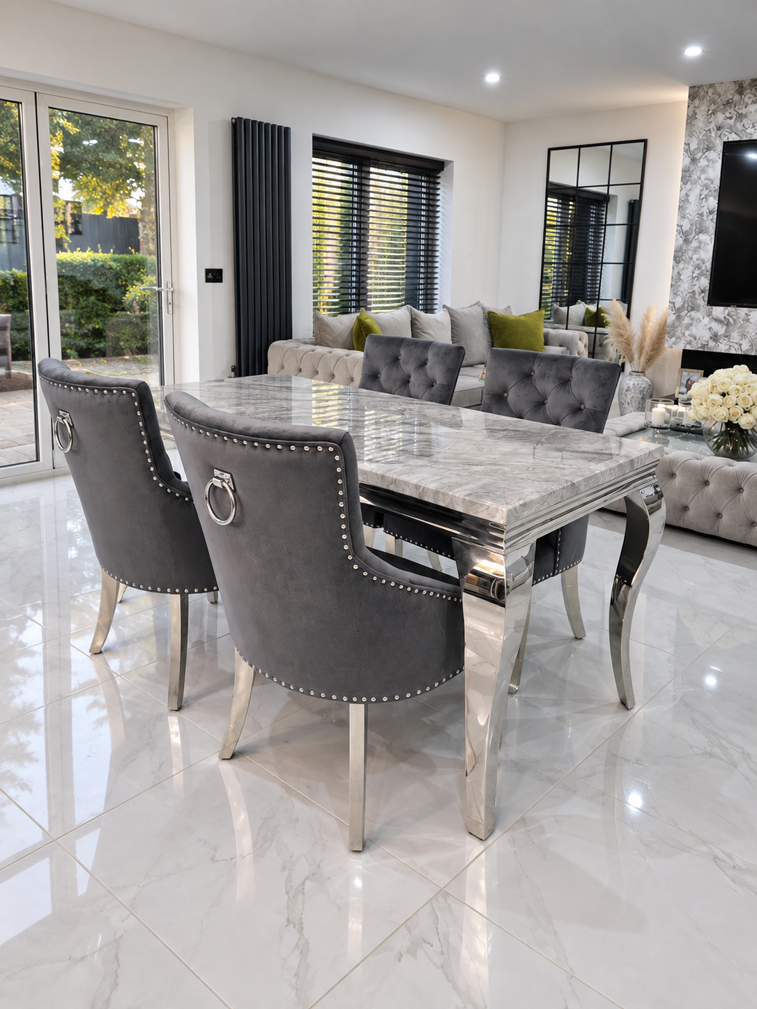  Louis Trafalgar Marble Dining Set – AI Render Full Set View with Grey Velvet Bull Ring Chairs | Starlight Distribution
