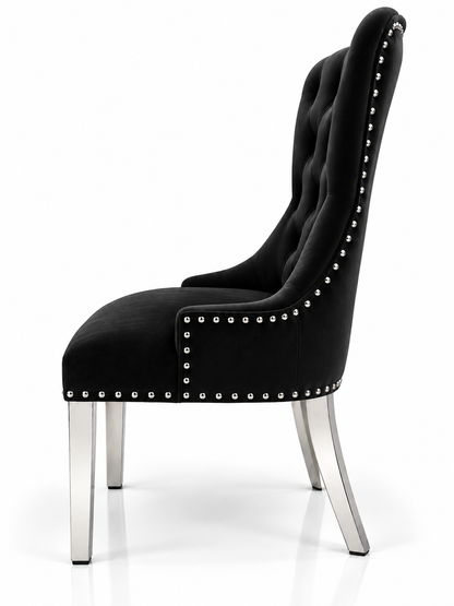 Louis Trafalgar Bull Ring Knockerback Dining Chair – Black Velvet Side Profile with Chrome Legs | Starlight Distribution