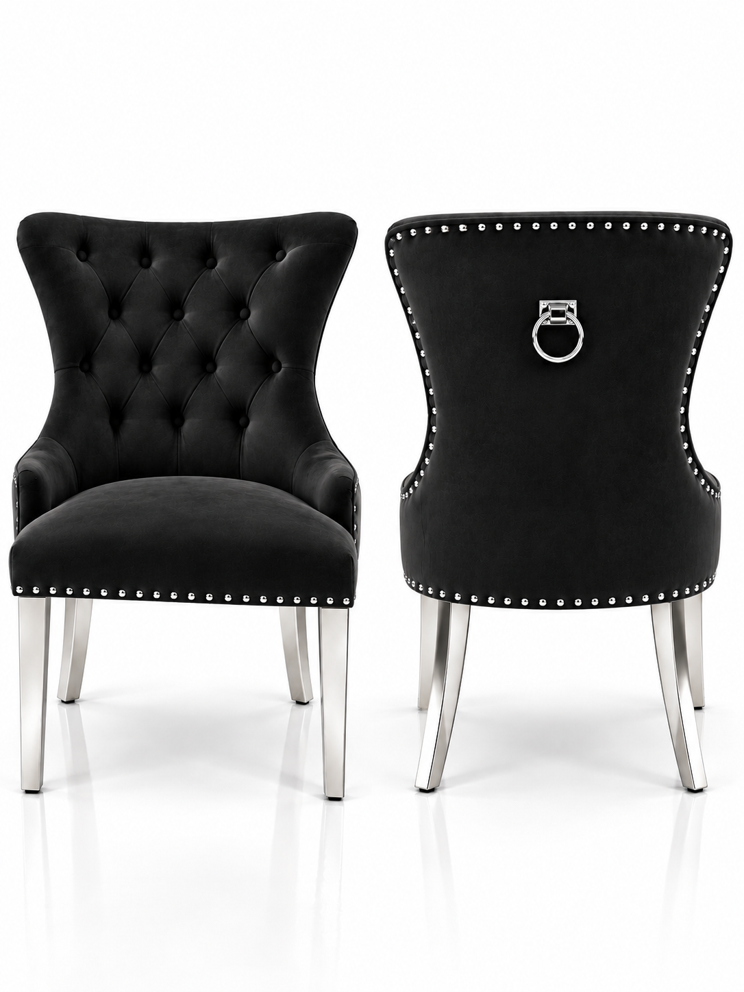 Louis Trafalgar Bull Ring Knockerback Dining Chair – Black Velvet Front & Rear View with Chrome Legs | Starlight Distribution