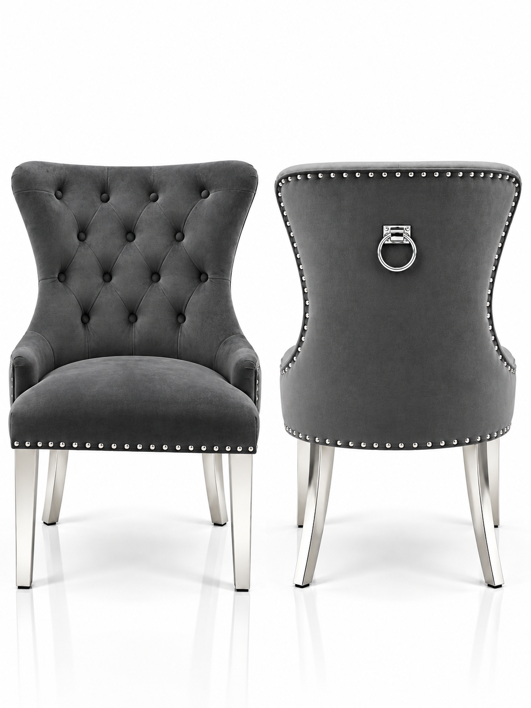 Louis Trafalgar Bull Ring Knockerback Dining Chair – Dark Grey Velvet Front & Rear View with Chrome Legs | Starlight Distribution