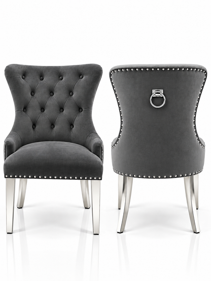 Louis Trafalgar Bull Ring Knockerback Dining Chair – Dark Grey Velvet Front & Rear View with Chrome Legs | Starlight Distribution