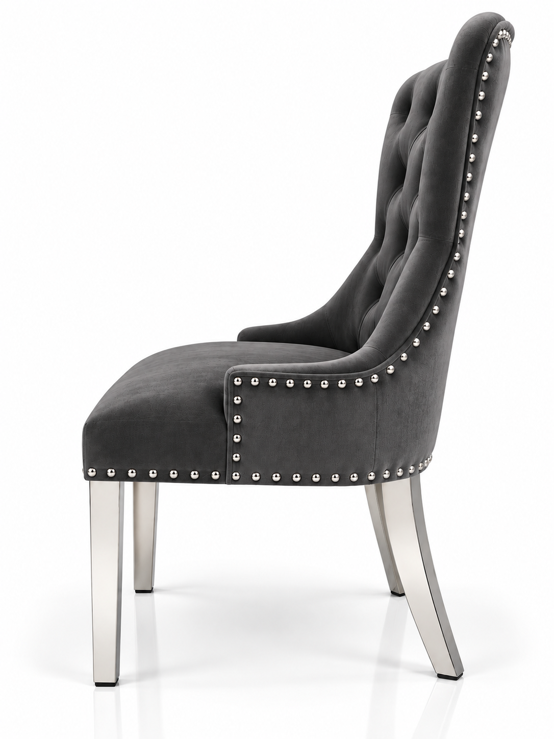 Louis Trafalgar Bull Ring Knockerback Dining Chair – Dark Grey Velvet Side Profile with Chrome Legs | Starlight Distribution