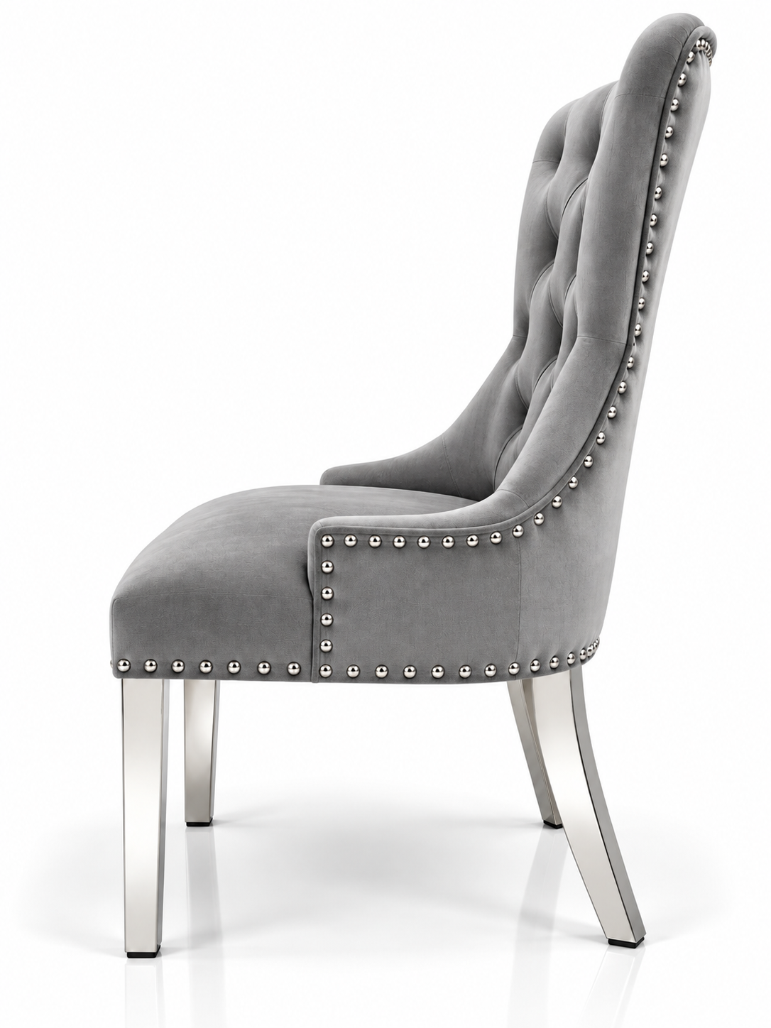 Louis  Trafalgar Bull Ring Knockerback Dining Chair – Light Grey Velvet Side Profile with Chrome Legs | Starlight Distribution