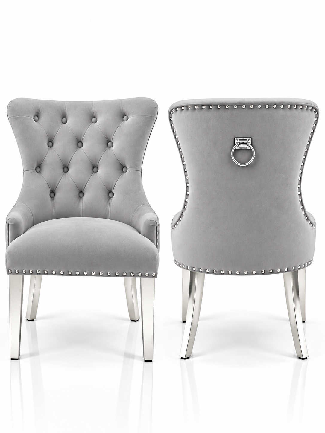 Louis Trafalgar Bull Ring Knockerback Dining Chair – Light Grey Velvet Front & Rear View with Chrome Legs | Starlight Distribution