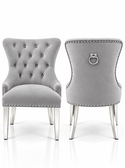 Louis Trafalgar Bull Ring Knockerback Dining Chair – Light Grey Velvet Front & Rear View with Chrome Legs | Starlight Distribution