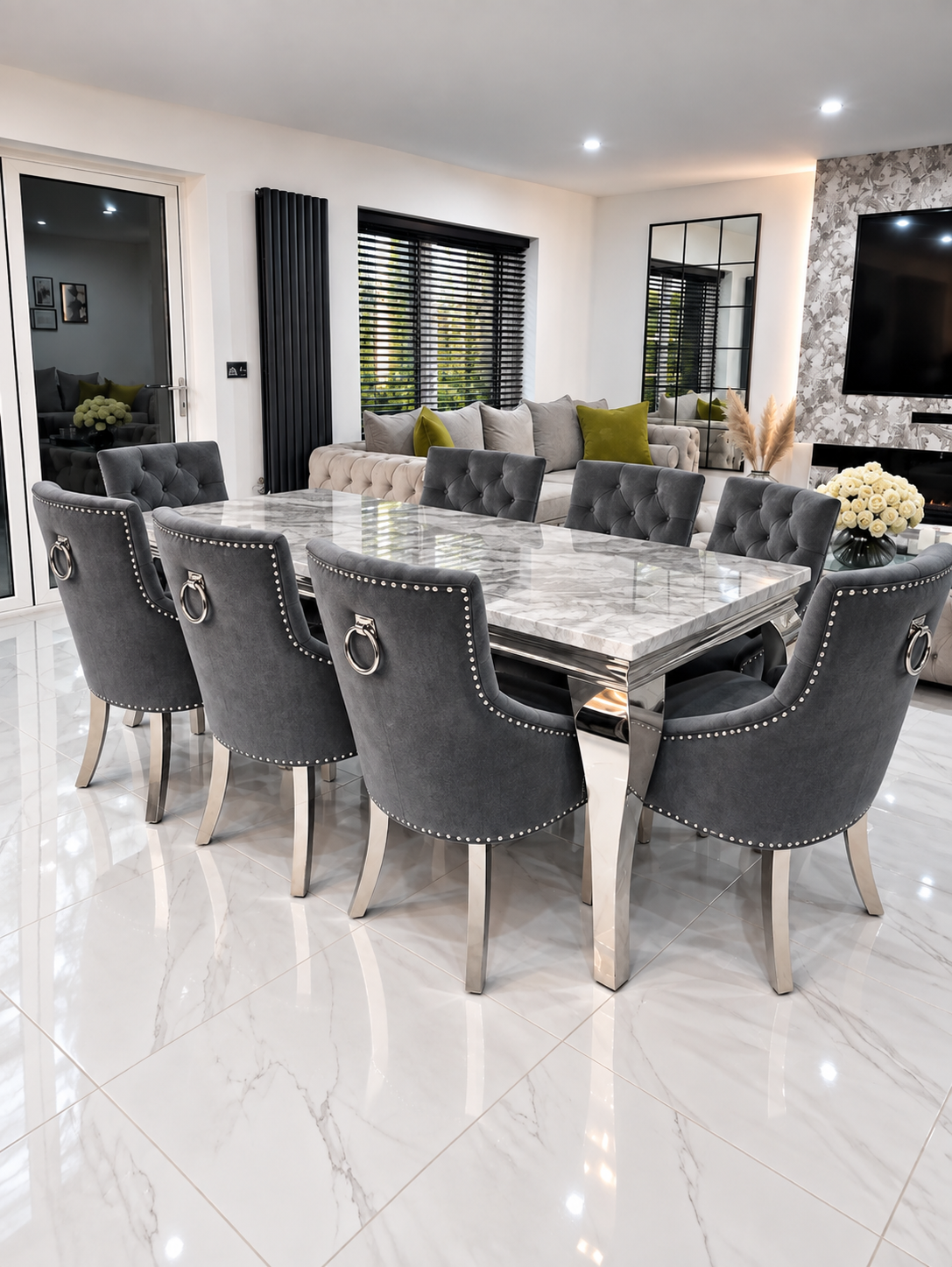 Louis Trafalgar Marble Dining Set – 8 Dark Grey Velvet Bull Ring Chairs In-Home Lifestyle Shot in Luxury Open Plan Room | Starlight Distribution