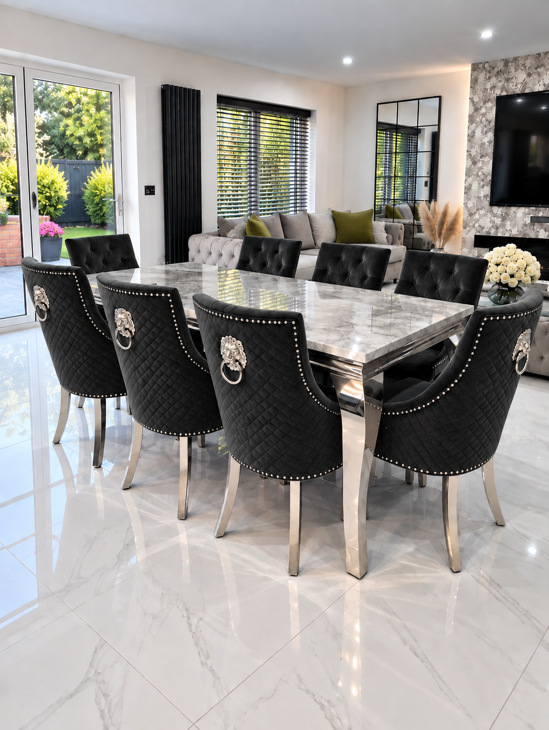 Louis Trafalgar Marble Dining Set – Eight Black Lion Head Chairs, Angled View | Starlight Distribution