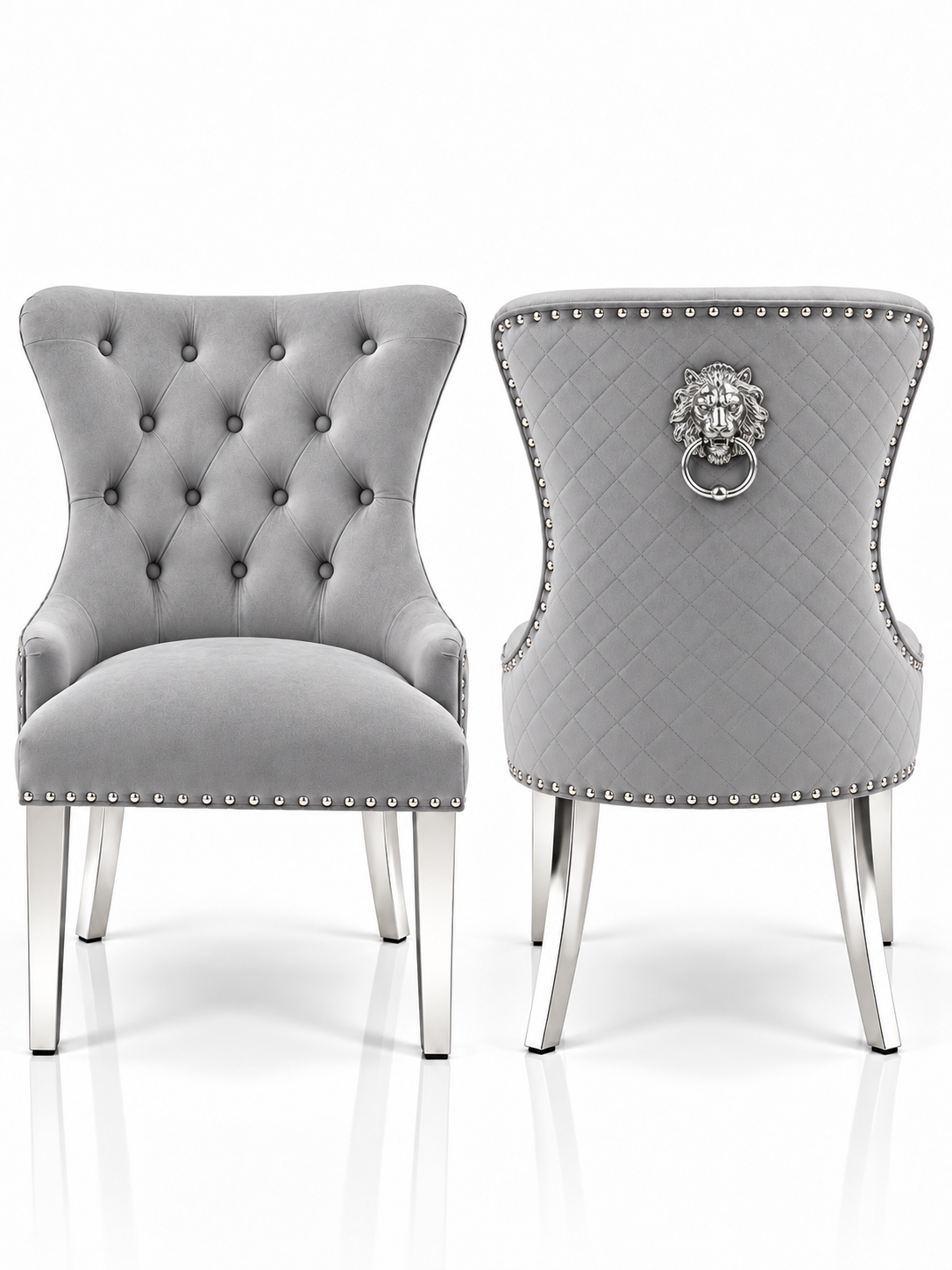 Louis Trafalgar Marble Dining Set – Light Grey Lion Head Knockerback Chair Front & Rear View with Chrome Legs | Starlight Distribution

