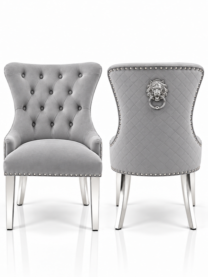 Louis Trafalgar Marble Dining Set – Light Grey Lion Head Knockerback Chair Front & Rear View with Chrome Legs | Starlight Distribution

