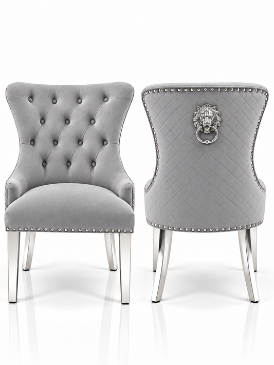 Louis Trafalgar Marble Dining Set – Light Grey Lion Head Knockerback Chair Front & Rear View with Chrome Legs | Starlight Distribution

