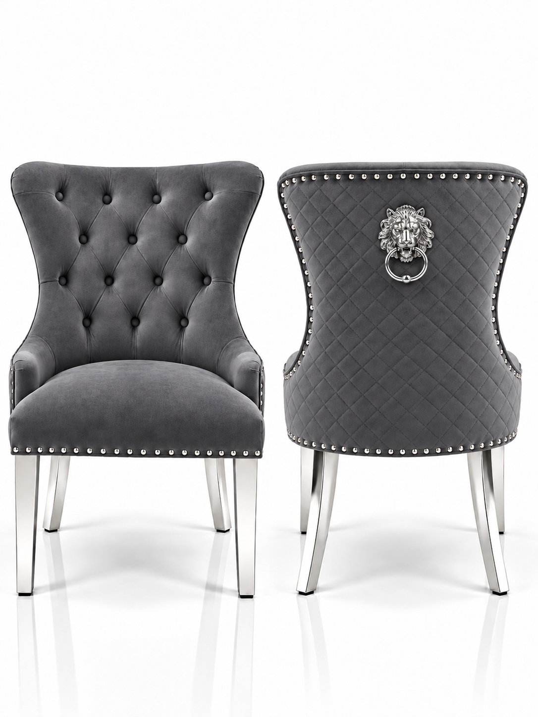 Louis Trafalgar Marble Dining Set – Dark Grey Lion Head Knockerback Chair Front & Rear View with Chrome Legs | Starlight Distribution

