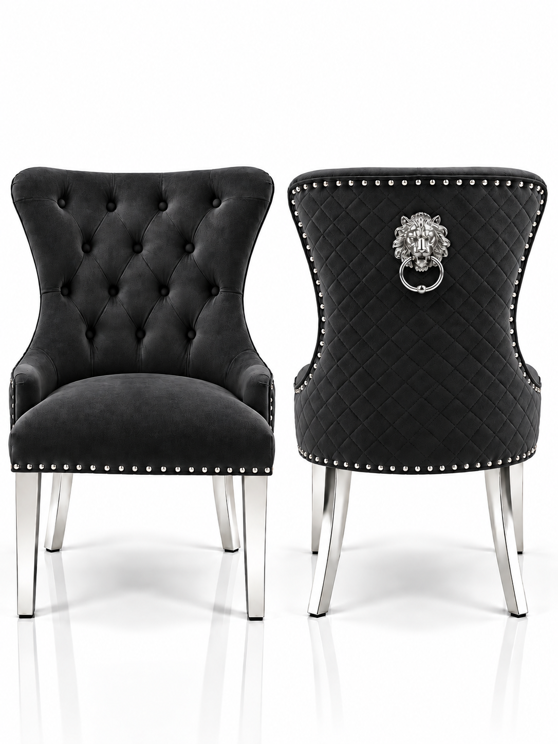 Louis Trafalgar Marble Dining Set – Black Lion Head Knockerback Chair Front & Rear View with Chrome Legs | Starlight Distribution

